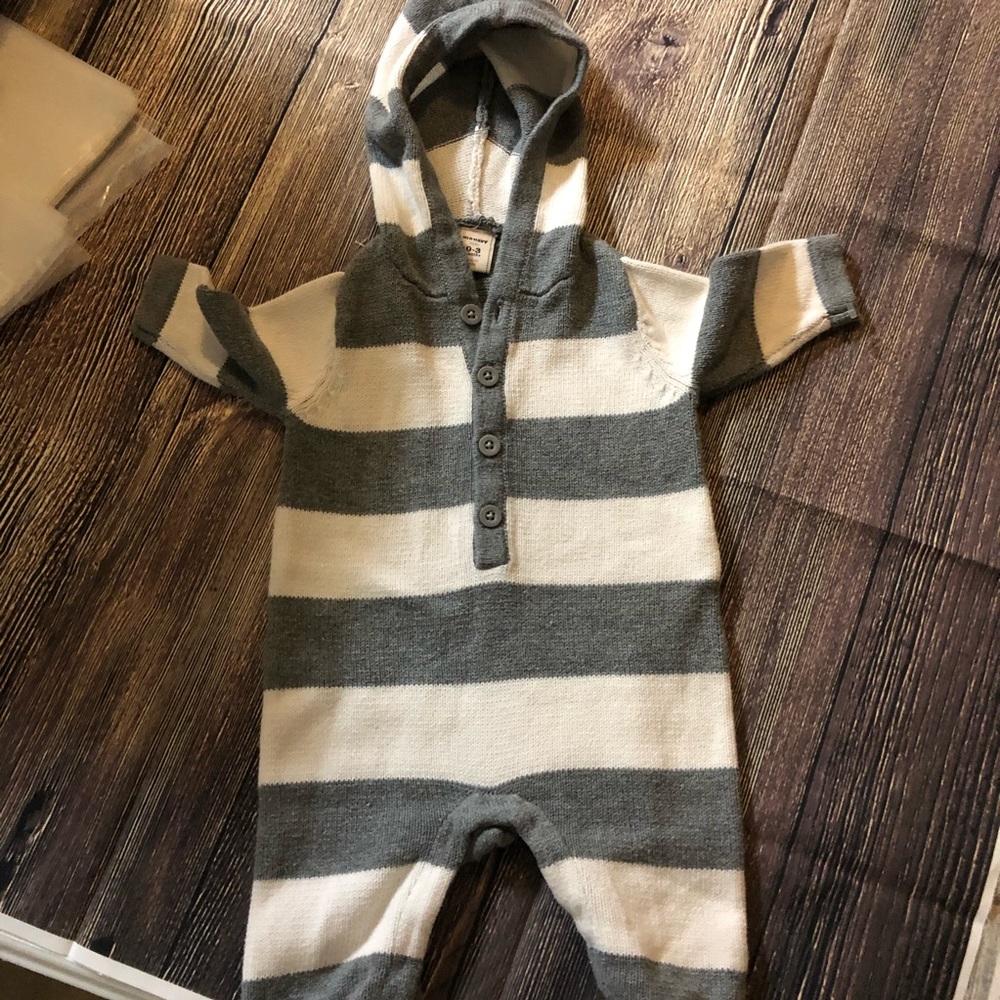 Gray and white striped sweater onesie